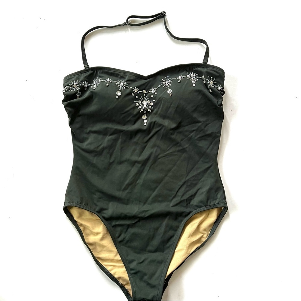 Shape FX Rhinestone Top Hunter Green One Piece Strapless Swim Suit Halter